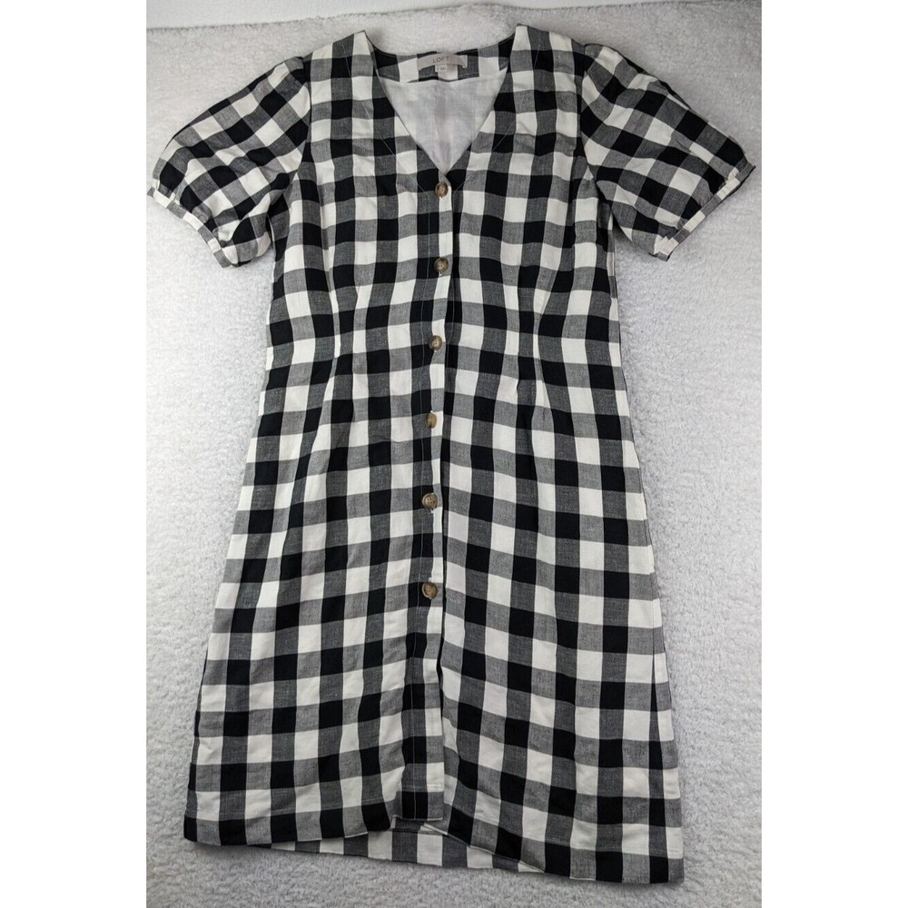 Loft Gingham Dress Size 4 Linen Blend Black White Button Front Summer Casual